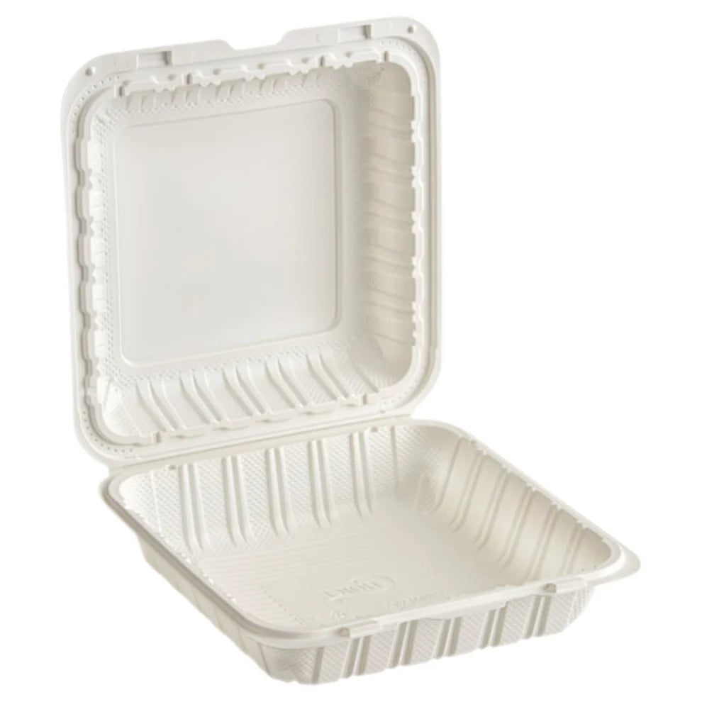 8" x 8" 1-Compartment White Hinged Container, 150 ct