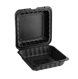9" x 9" 1-Compartment Black Vented Hinged Container, 150 ct