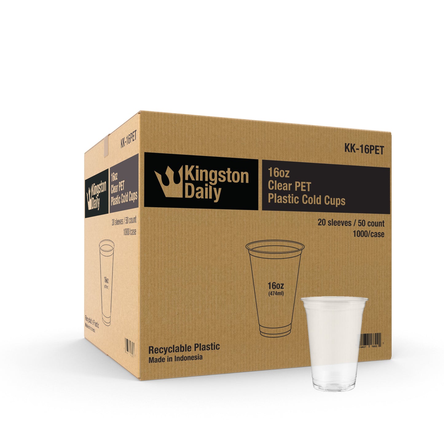 Kingston 16oz PET Plastic Cold Cups (98mm) - 1,000 ct