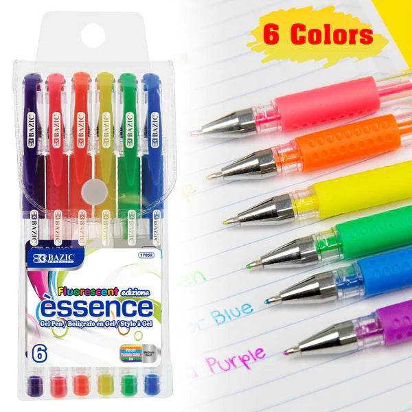 BAZIC 6 Fluorescent Color Essence Gel Pens w/ Cushion Grip Sold in 24 Units