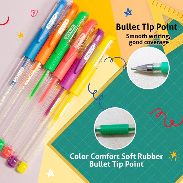 BAZIC 6 Fluorescent Color Essence Gel Pens w/ Cushion Grip Sold in 24 Units