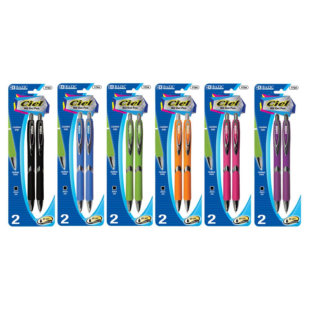 BAZIC Ciel Oil-Gel Ink Retractable Pen w/ Rubberized Barrel & Metal Clip (2/Pack) Sold in 24 Units