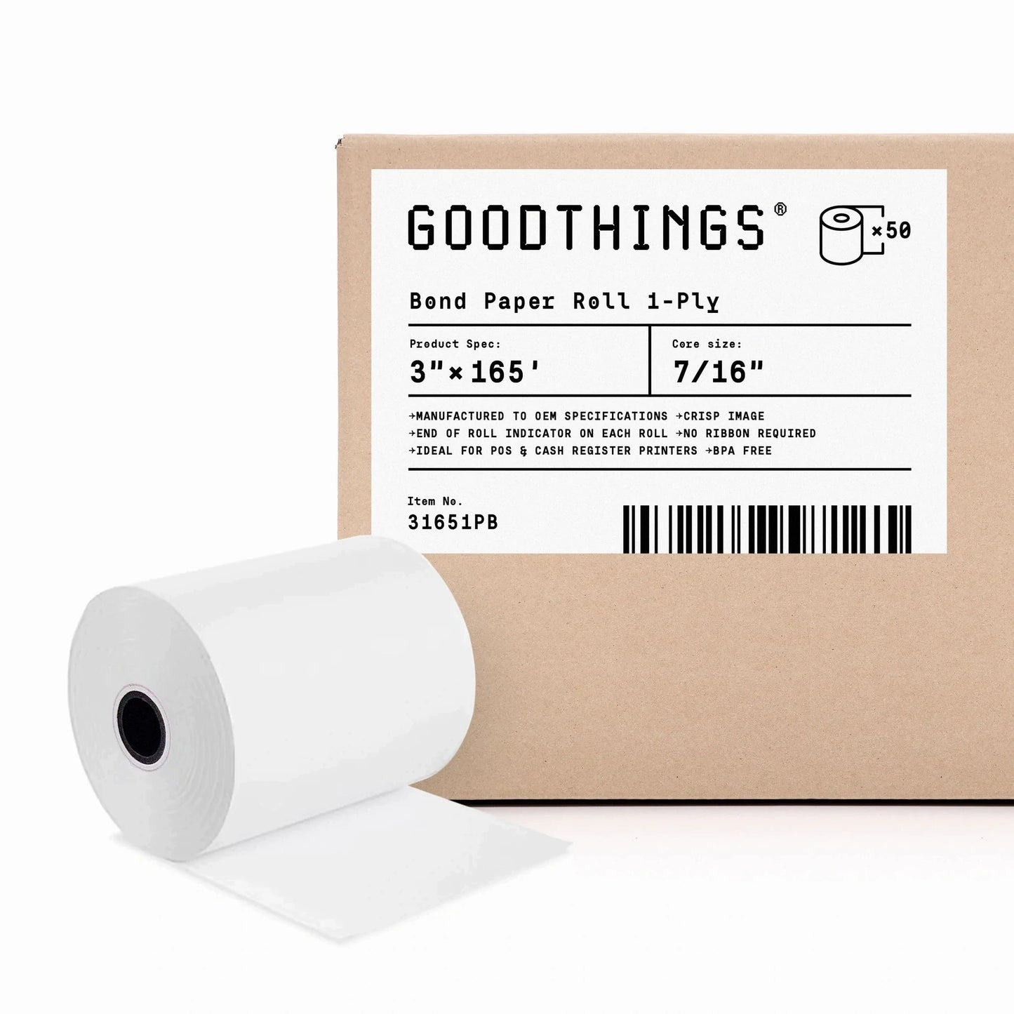 3" x 165' (50 Rolls) 1-Ply White Bond Paper Roll (Ribbon Required)