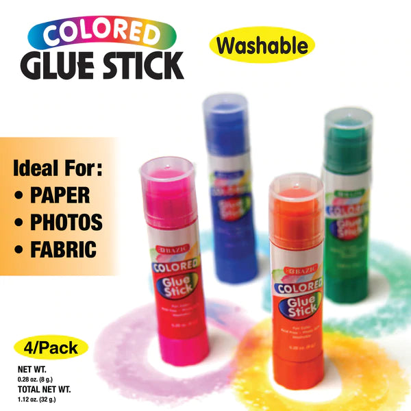BAZIC 8 g / 0.28 Oz Washable Colored Glue Stick (4/Pack) Sold in 24 Units