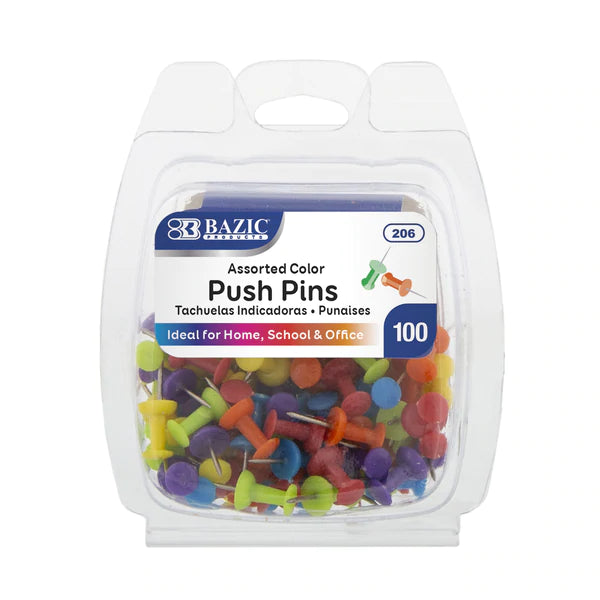 BAZIC Assorted Color Push Pins (100/Pack) Sold in 24 Units