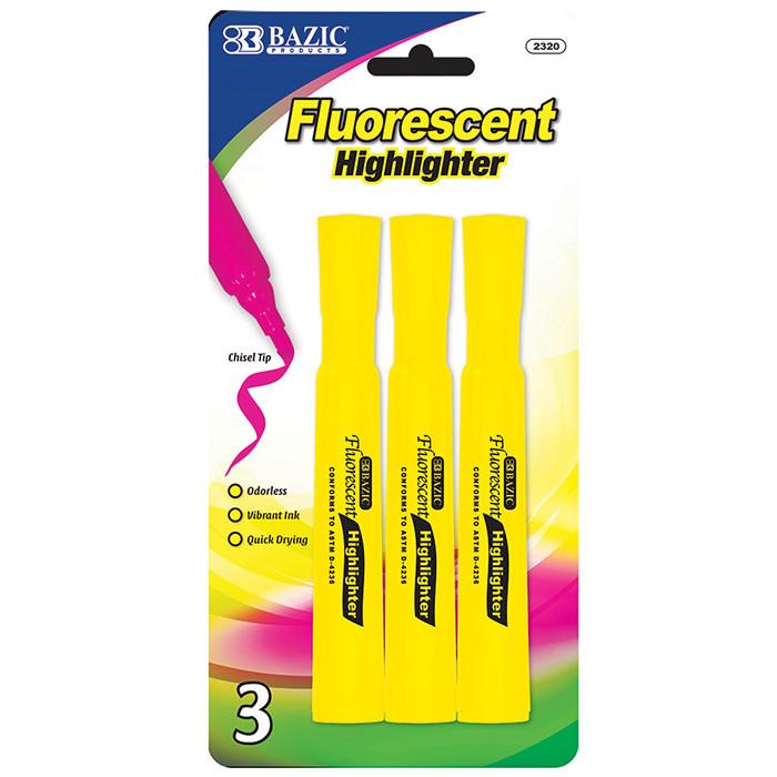 BAZIC Yellow Desk Style Fluorescent Highlighters (3/Pack) Sold in 24 Units