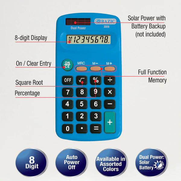 BAZIC 8-Digit Dual Power Pocket Size Calculator Sold in 24 Units