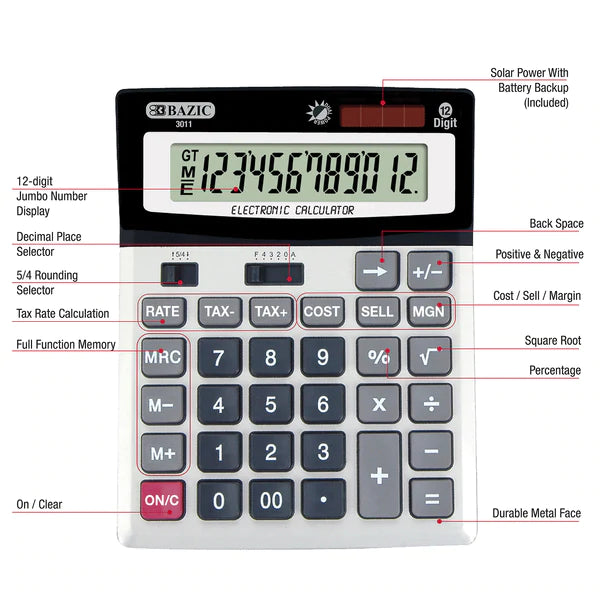 BAZIC 12-Digit Desktop Calculator w/ Profit Calculation & Tax Functions Sold in 12 Units