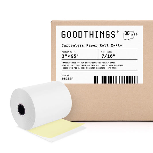 3" X 95' (50 Rolls) 2-ply White / Canary Carbonless Paper Roll (Ribbon Required)