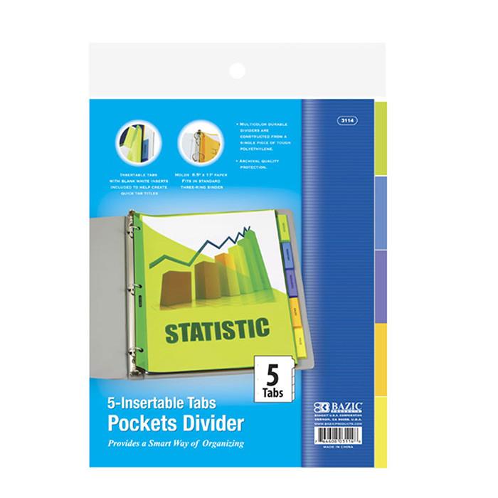 BAZIC 3-Ring Binder Pockets Dividers w/ 5 Insertable Color Tabs Sold in 24 Units