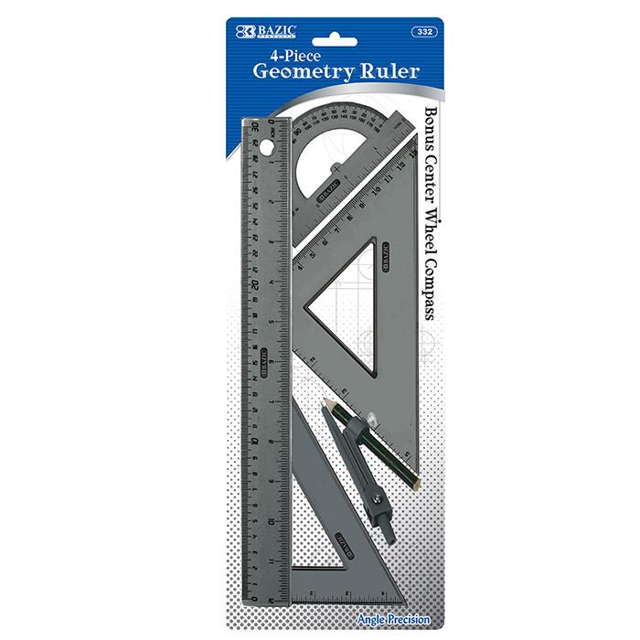 BAZIC 4-Piece Geometry Ruler Combination Sets w/ Compass Sold in 24 Units