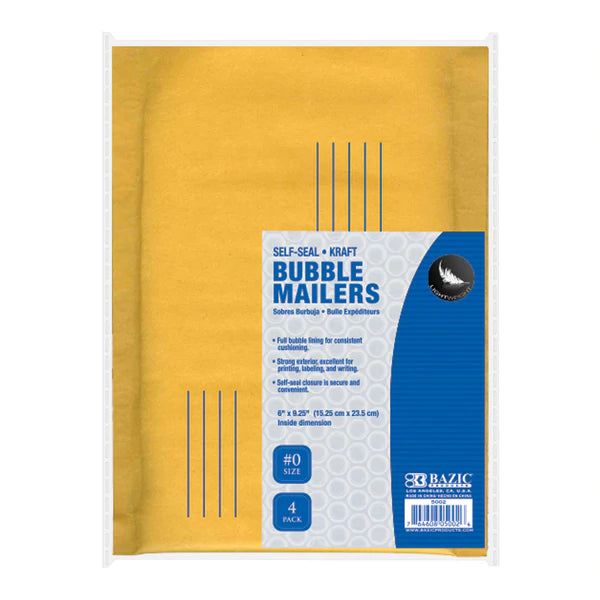 BAZIC 6" X 9.25" (#0) Self-Seal Bubble Mailers (4/Pack) Sold in 24 Units