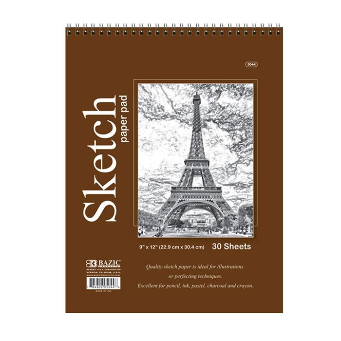 BAZIC 30 Ct. 9" X 12" Top Bound Spiral Premium Sketch Pad Sold in 48 Units