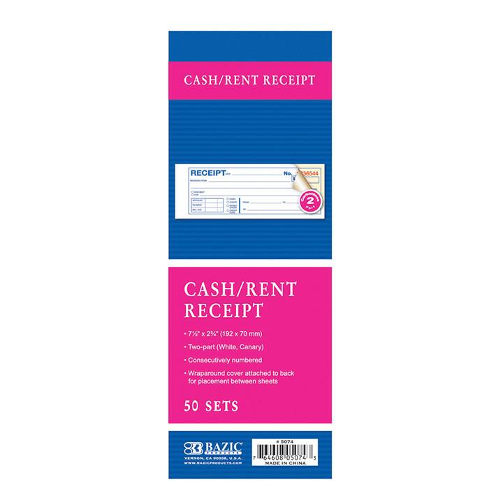 BAZIC 50 Sets 7 1/2" x 2 3/4" 2-Part Carbonless Cash or Rent Receipt Book Sold in 24 Units