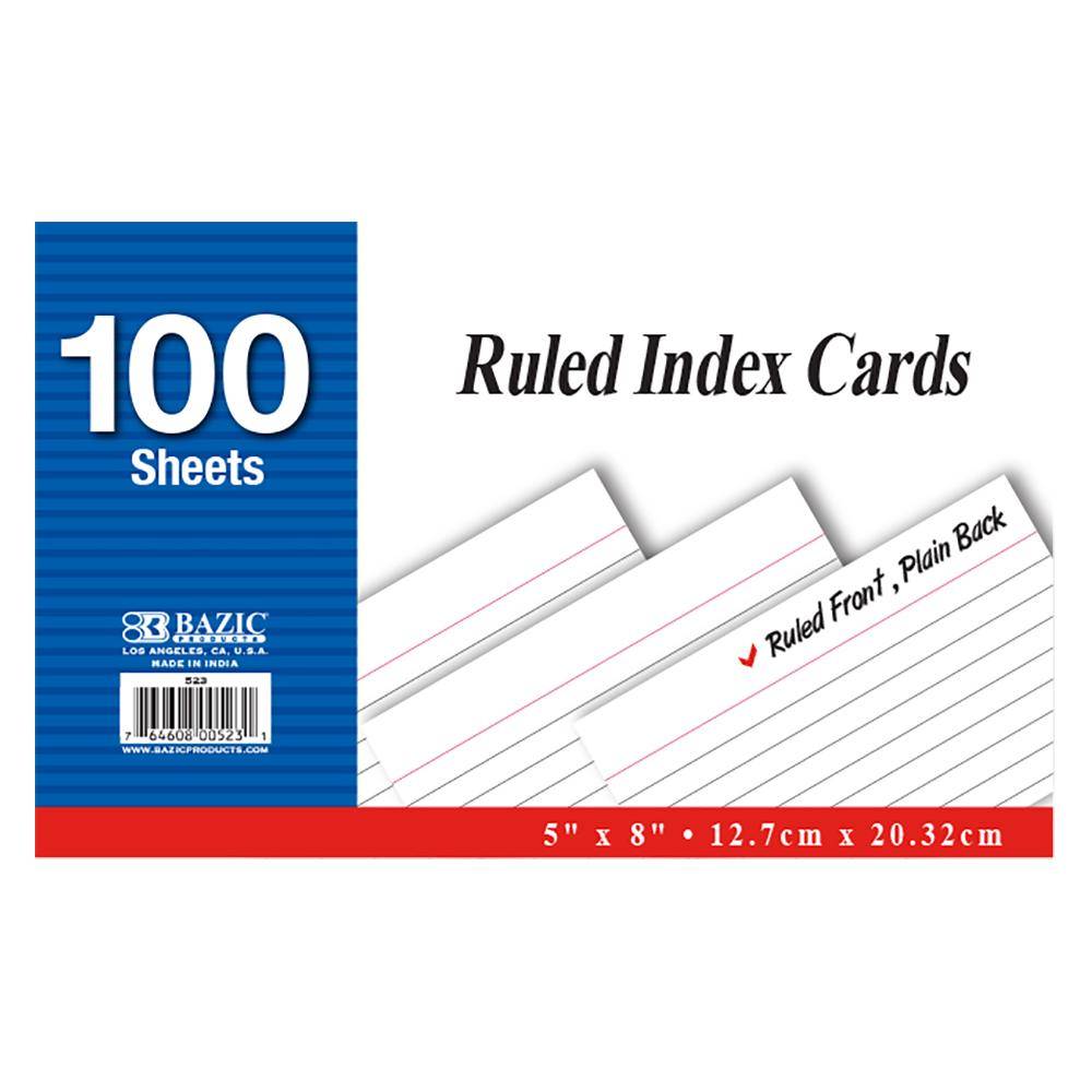 BAZIC 100 Ct. 5" X 8" Ruled White Index Card Sold in 24 Units