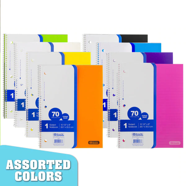 BAZIC C/R 100 Ct. 1-Subject Poly Cover Spiral Notebook Sold in 24 Units