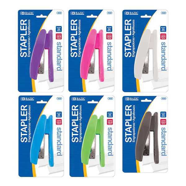 BAZIC Bright Color Standard (26/6) Stapler w/ 500 Ct. Staples Sold in 24 Units