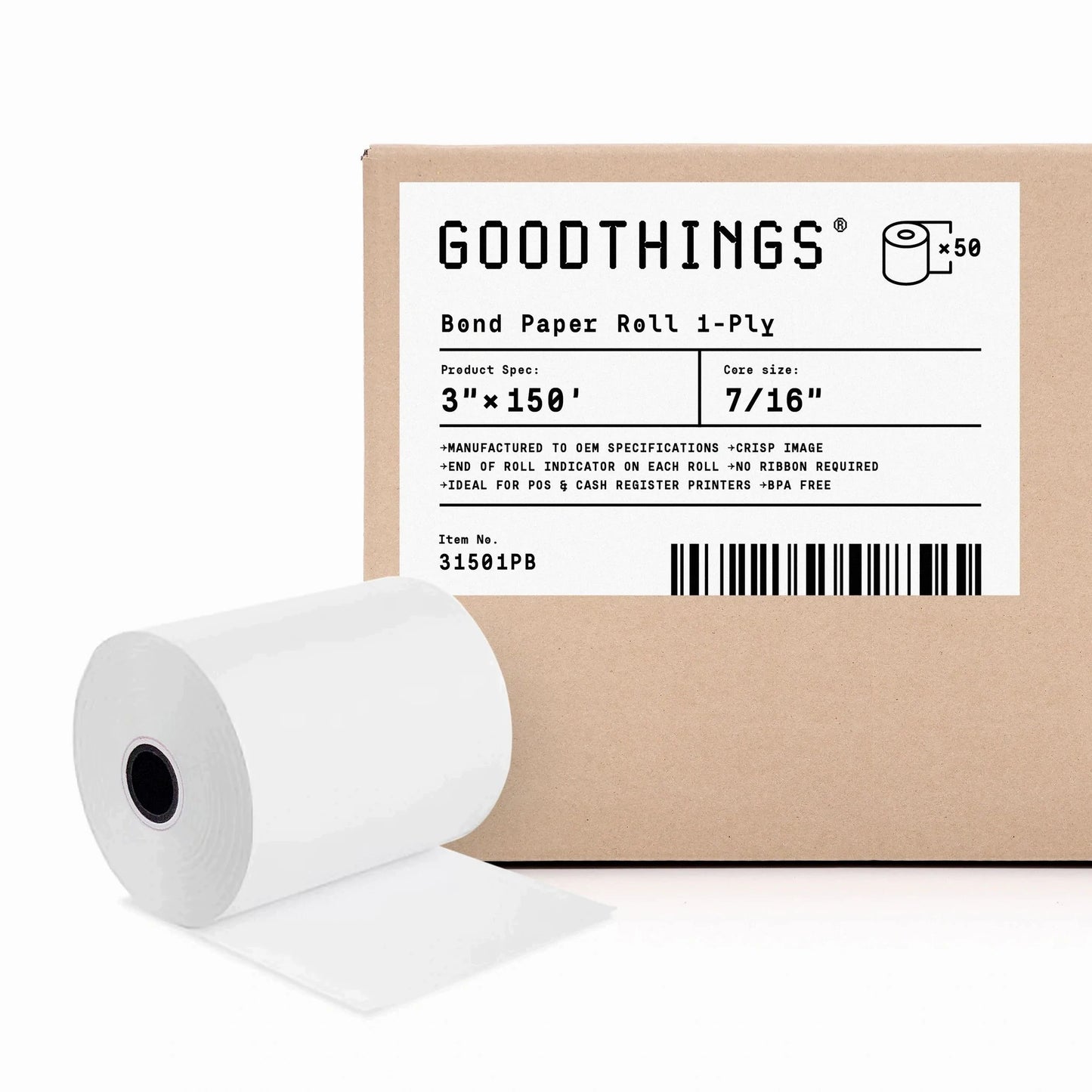 3" x 150' (50 Rolls) 1-Ply White Bond Paper Roll (Ribbon Required)