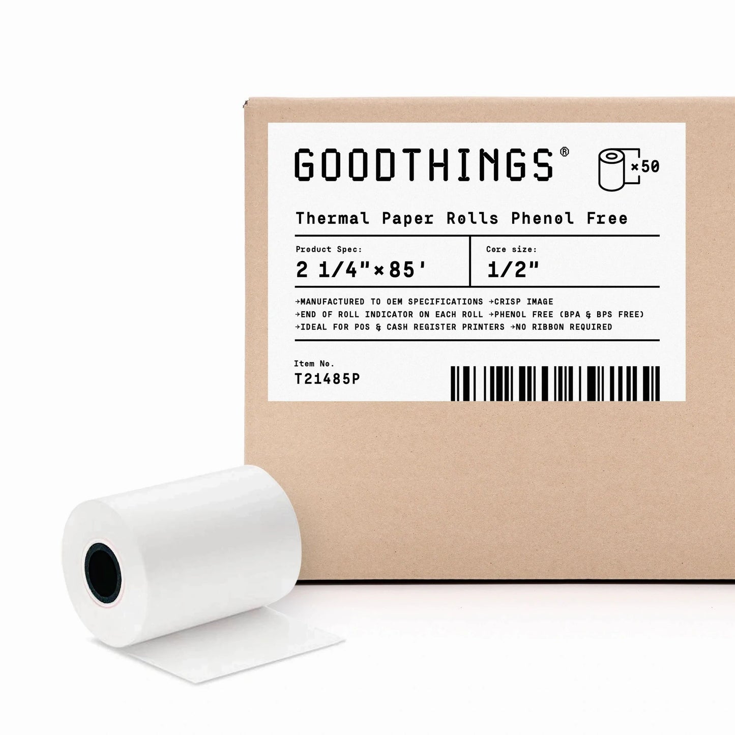 2 1/4" x 85' (50 Rolls) Thermal Paper Rolls, Phenol Free
