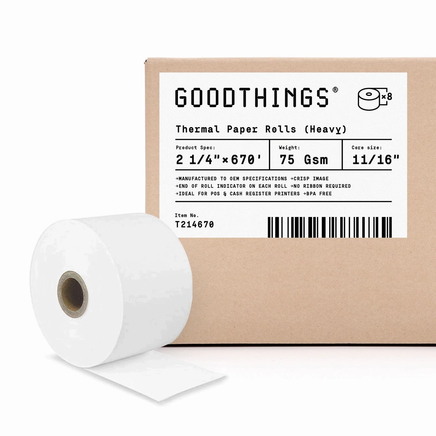 2 1/4" x 670' (8 Rolls) Thermal Paper Roll, 75 GSM Heavyweight Paper