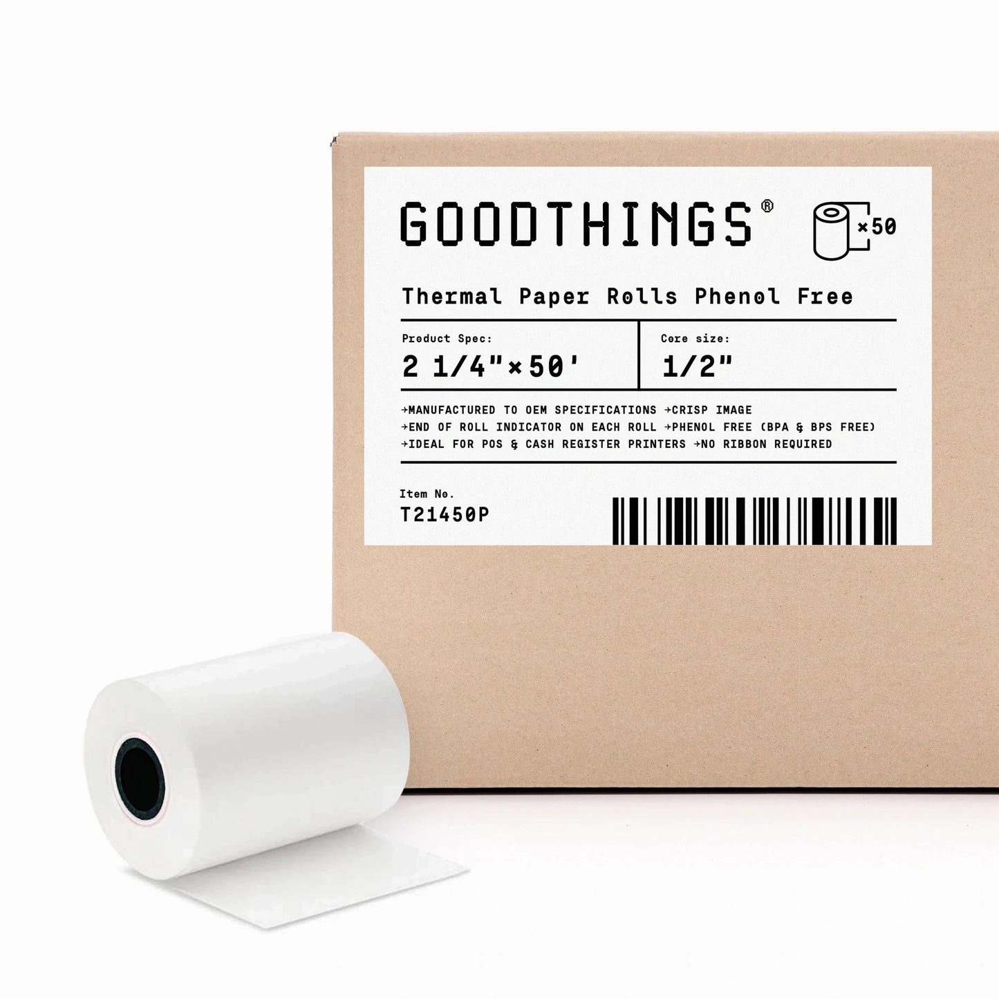 2 1/4" x 50' Phenol Free Thermal Paper Roll (50 Rolls)