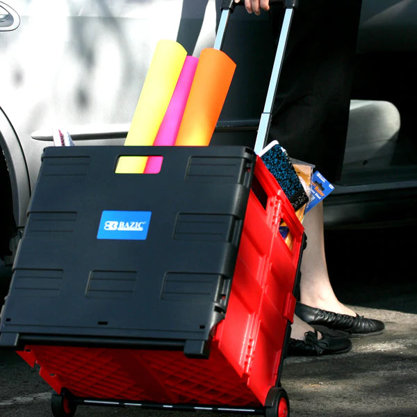 BAZIC 16" x 18" x 15" Red Folding Cart On Wheels w/ Lid Cover Sold in 3 units