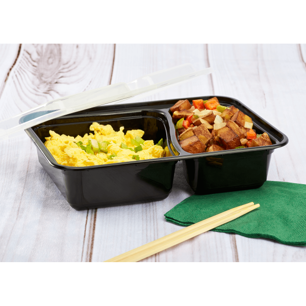 Karat 30oz PP Plastic Microwavable Rectangular Food Containers & Lids - Black - 2 Compartments - 150 ct