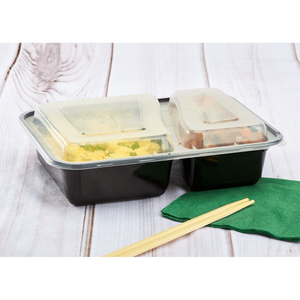 Karat 30oz PP Plastic Microwavable Rectangular Food Containers & Lids - Black - 2 Compartments - 150 ct
