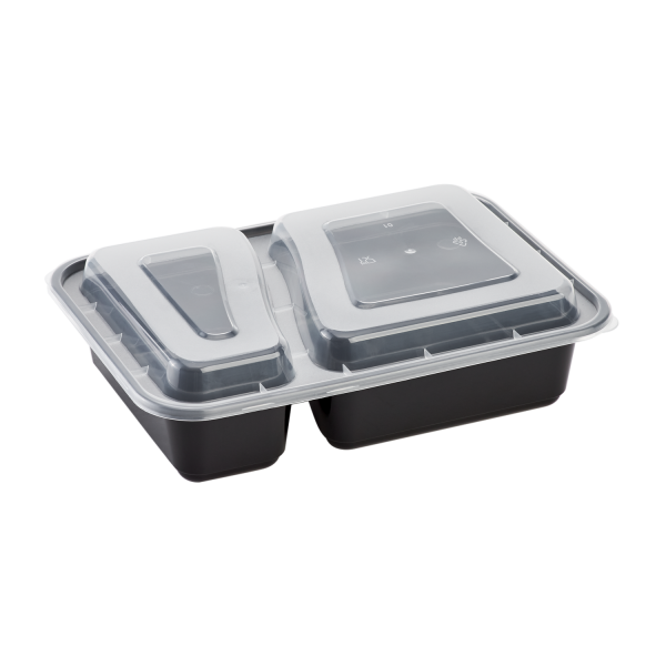 Karat 30oz PP Plastic Microwavable Rectangular Food Containers & Lids - Black - 2 Compartments - 150 ct
