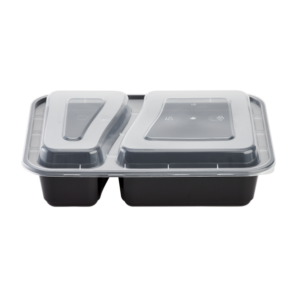 Karat 30oz PP Plastic Microwavable Rectangular Food Containers & Lids - Black - 2 Compartments - 150 ct