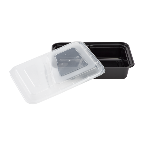 Karat 30oz PP Plastic Microwavable Rectangular Food Containers & Lids - Black - 2 Compartments - 150 ct