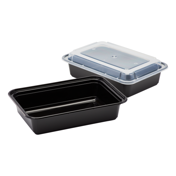 Karat 38oz PP Plastic Microwavable Rectangular Food Containers & Lids - Black - 150 ct