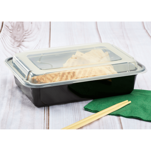 Karat 38oz PP Plastic Microwavable Rectangular Food Containers & Lids - Black - 150 ct