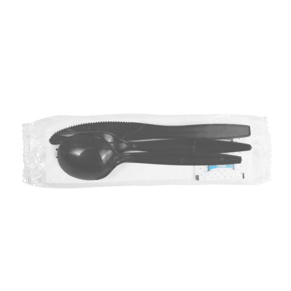 Karat PP Plastic Medium-Heavy Weight Cutlery Kits with Salt and Pepper - Black - 250 ct
