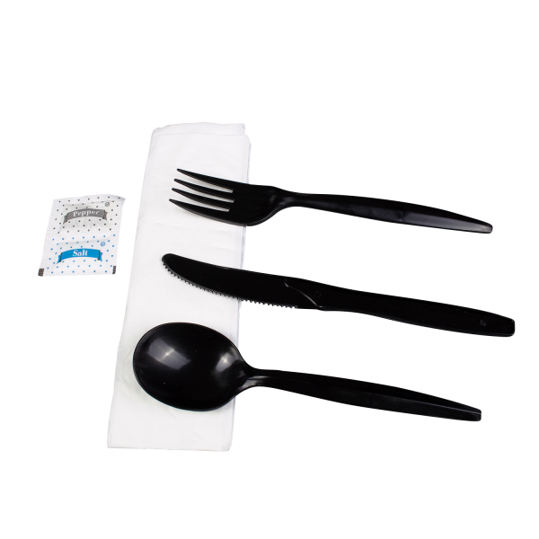 Karat PP Plastic Medium-Heavy Weight Cutlery Kits with Salt and Pepper - Black - 250 ct