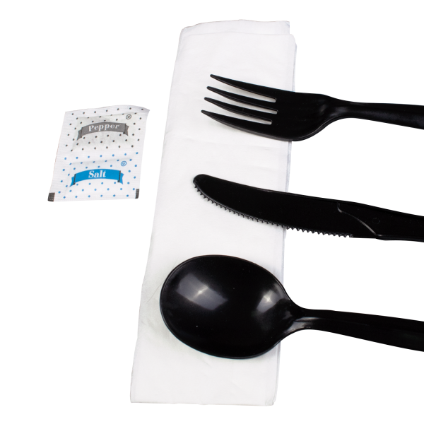 Karat PP Plastic Medium-Heavy Weight Cutlery Kits with Salt and Pepper - Black - 250 ct