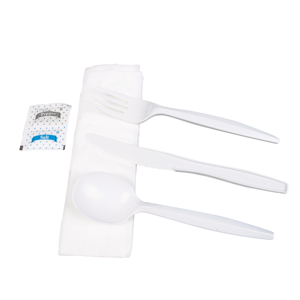 Karat PP Plastic Medium-Heavy Weight Cutlery Kits with Salt and Pepper - White - 250 ct
