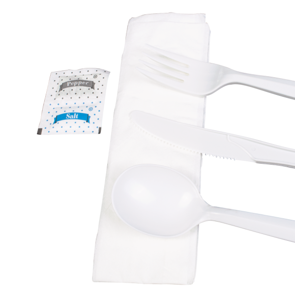 Karat PP Plastic Medium-Heavy Weight Cutlery Kits with Salt and Pepper - White - 250 ct