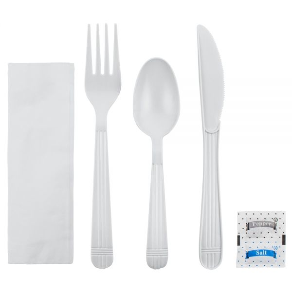 Karat PP Plastic Heavy Weight Cutlery Kits with Salt and Pepper - White - 250 ct