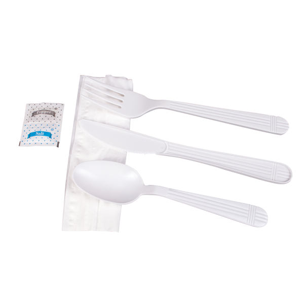 Karat PP Plastic Heavy Weight Cutlery Kits with Salt and Pepper - White - 250 ct