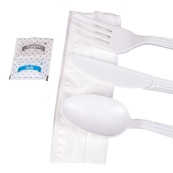 Karat PP Plastic Heavy Weight Cutlery Kits with Salt and Pepper - White - 250 ct
