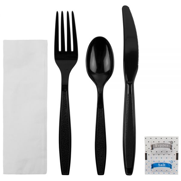 Karat PS Plastic Heavy Weight Cutlery Kits with Salt and Pepper - Black - 250 ct