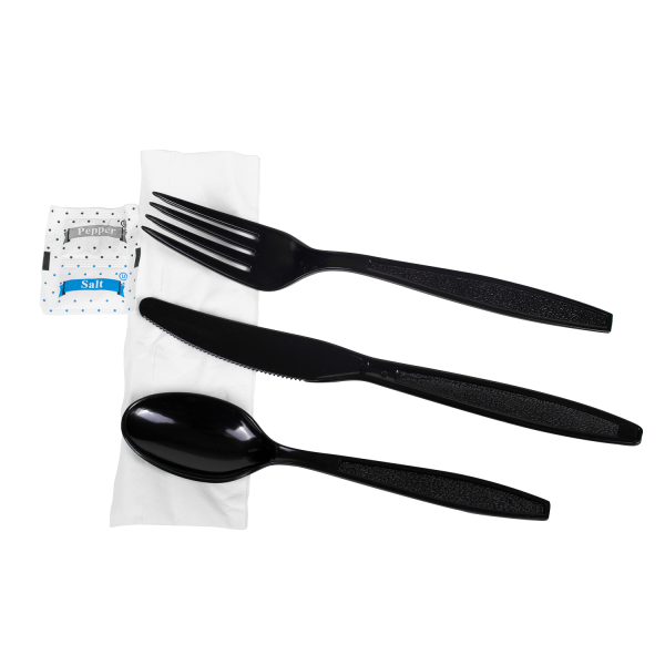 Karat PS Plastic Heavy Weight Cutlery Kits with Salt and Pepper - Black - 250 ct