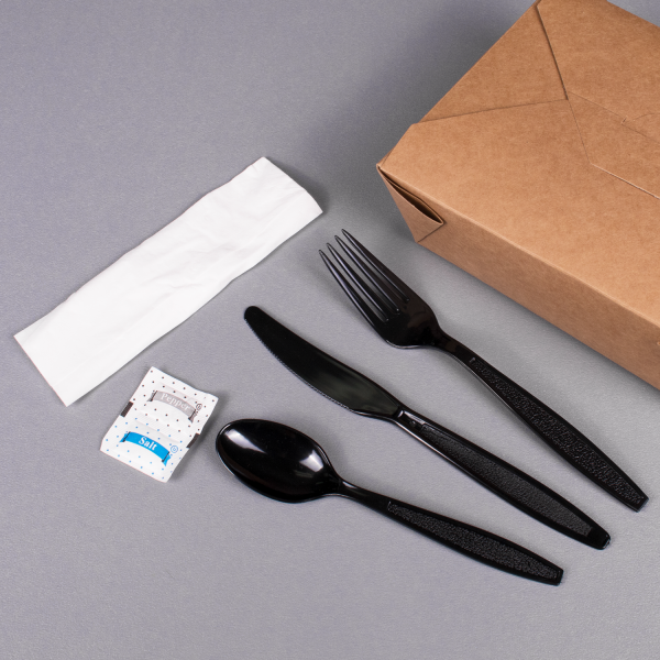 Karat PS Plastic Heavy Weight Cutlery Kits with Salt and Pepper - Black - 250 ct