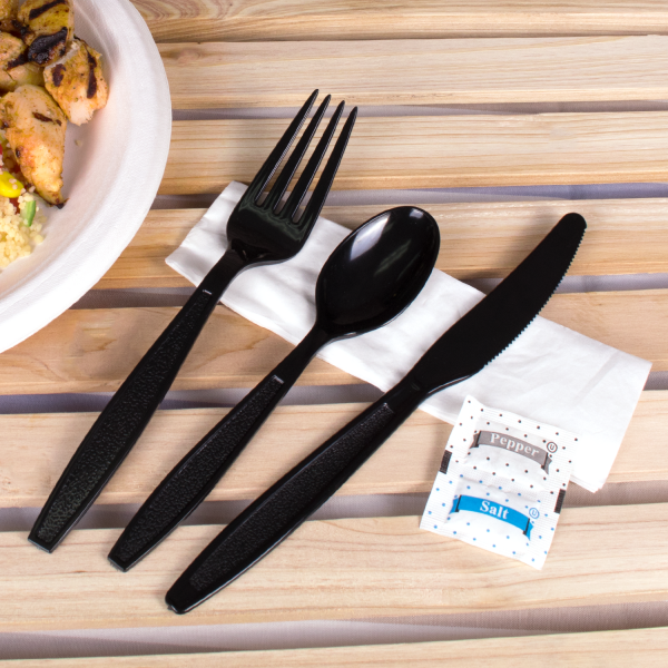 Karat PS Plastic Heavy Weight Cutlery Kits with Salt and Pepper - Black - 250 ct