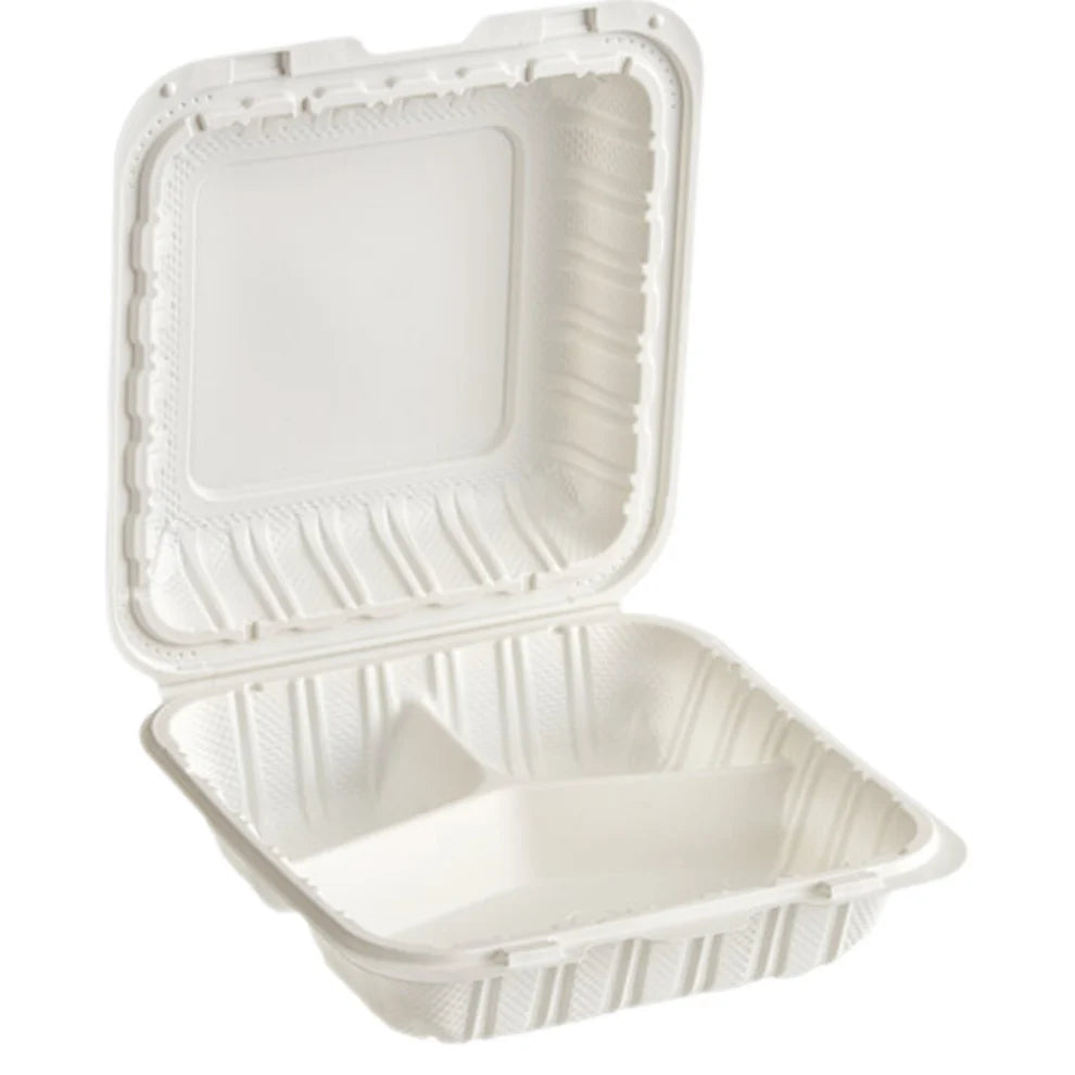 8" x 8" 3-Compartment White Hinged Container, 150 ct