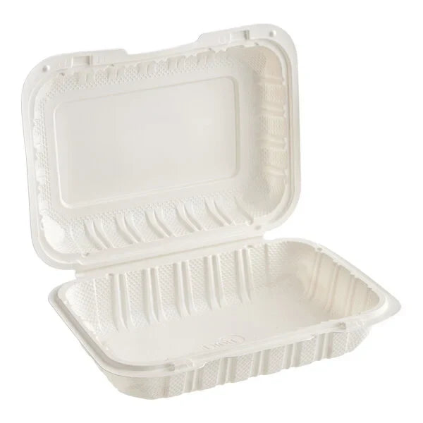 9" x 6" 1-Compartment White Vented Hinged Container, 150 ct