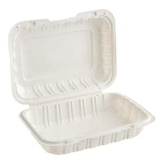 9" x 6" 1-Compartment White Vented Hinged Container, 150 ct