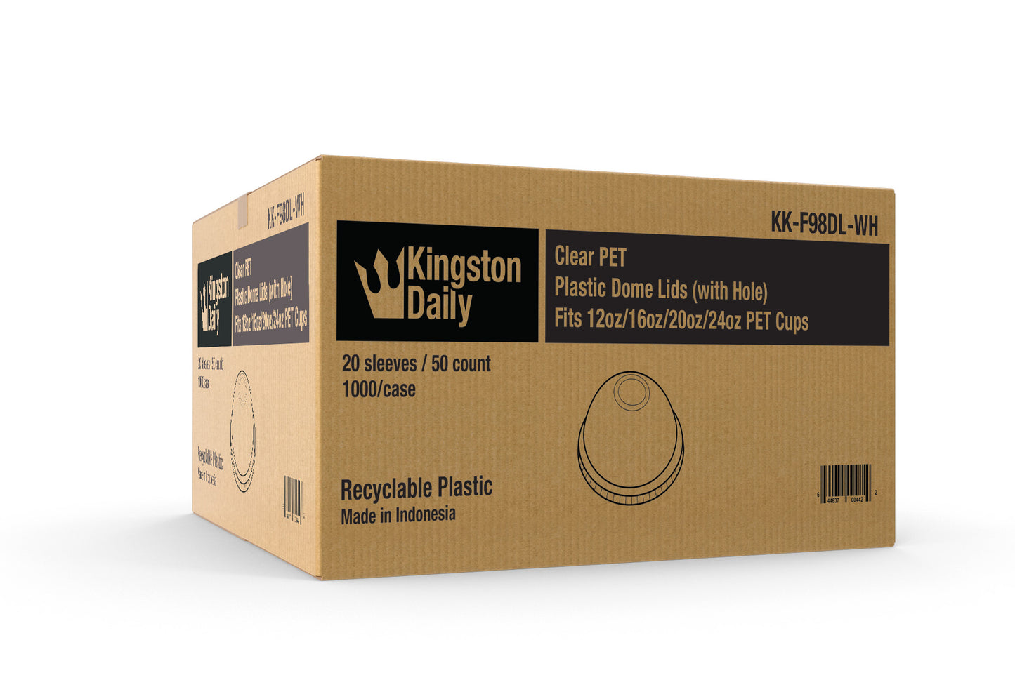 Kingston Daily KK-F98DL-WH Clear PET Plastic Dome Lids (with Hole) for 12oz/16oz/20oz/24oz Cups - 1000/case (20 sleeves / 50 count)