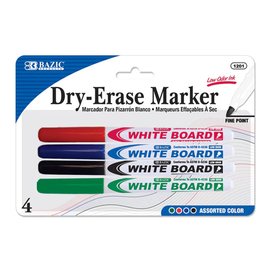 BAZIC Asst. Color Fine Tip Dry-Erase Marker (4/Pack) Sold in 24 Units